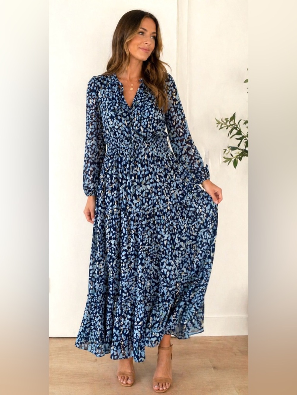 Shoshanna Midnight Blue Floral Metallic Maxi Dress  2 Long Sleeve Smocked Waist